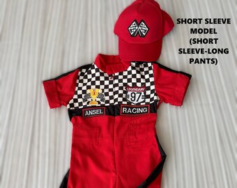 Personalized Red Black Checkered Racer Long/Short Jumpsuit * Red Racer Kids Suit * Racer Overalls *CarCostume *Toddler Short /Long Outfit*