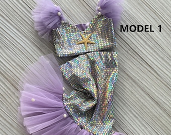 Costume brillant de sirène pour tout-petits, tenue violette de sirène pour bébé fille, queue inspirée de la sirène, robe de fille de 1er anniversaire, haut et queue de sirène pour tout-petits