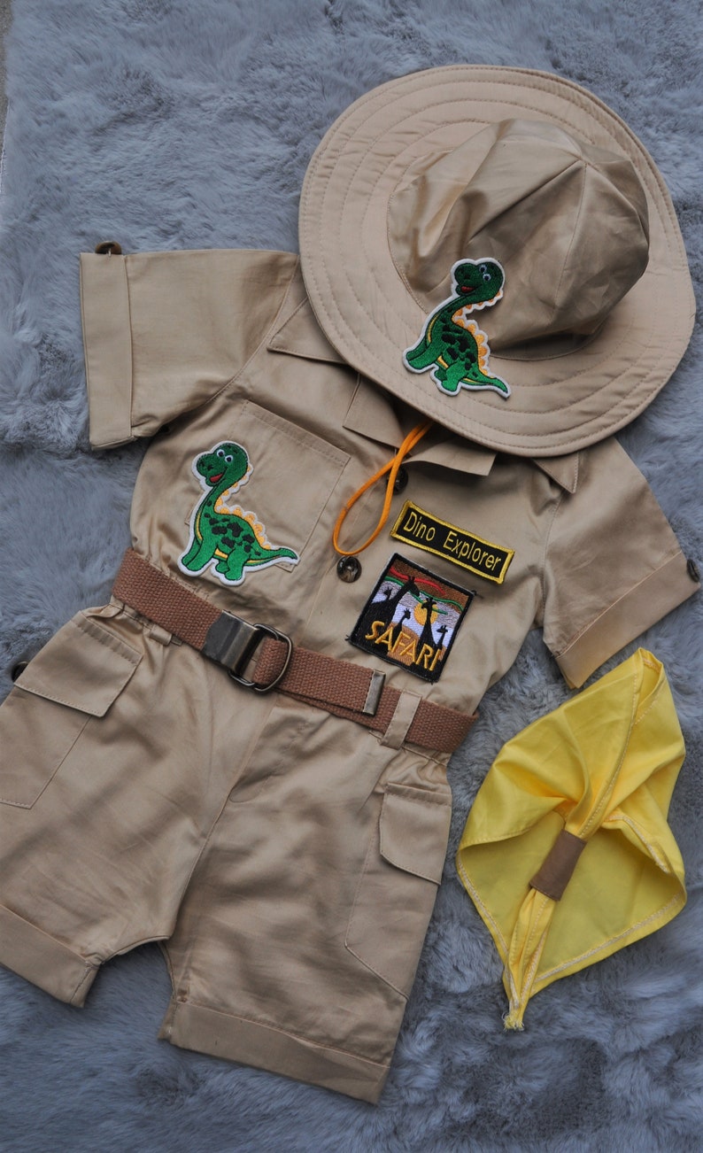 Personalized Dinosaur Explorer Adventure Long Short JumpsuitLong SafariDinosaur Adventure Overalls 1-2-3 Year Toddler Dinosaur Costume image 6