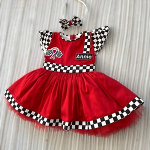 Personalized RED Racer Girl DressBaby Girl CAR DressToddler RED Racer 1st Birthday DressHalloween Kids CostumeBirthday gift image 4