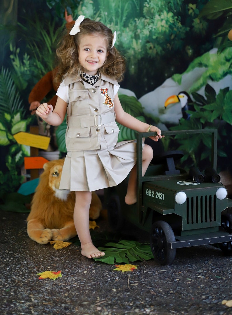 Personalized Toddler Safari Beige OutfitSafari Adventure Girl CostumeSafari Skirt and Vest 2 piece suit for girlKids Safari Beige Suit image 3