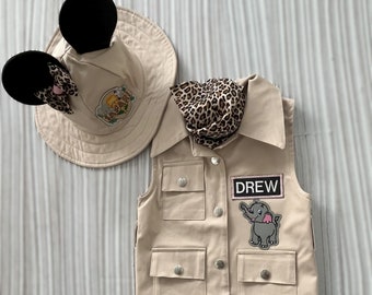 Chaleco y sombrero safari beige inspirado en Minnie Mouse personalizado*Chaleco de aventura Safari para bebés*Chaleco Safari para niños pequeños*Traje de 1er cumpleaños para niña*