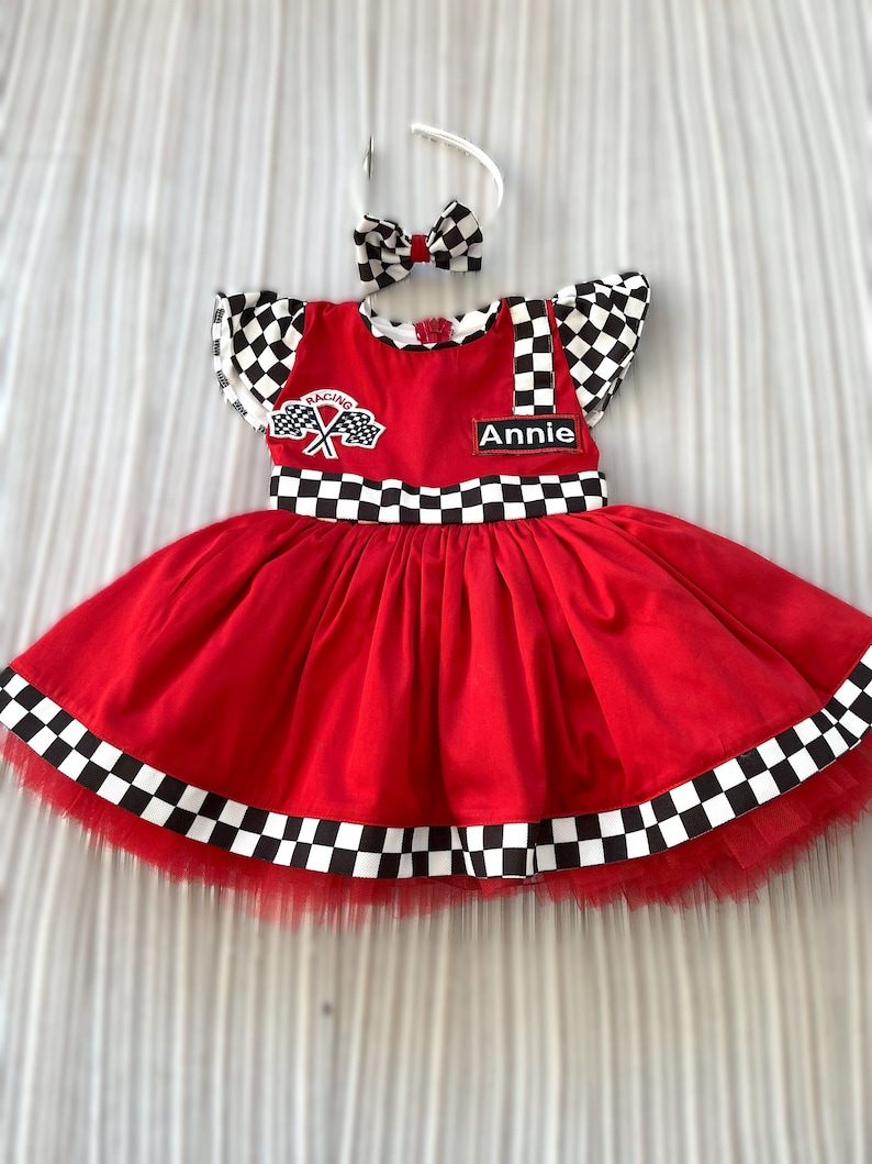 Personalized RED Racer Girl DressBaby Girl CAR DressToddler RED Racer 1st Birthday DressHalloween Kids CostumeBirthday gift image 1