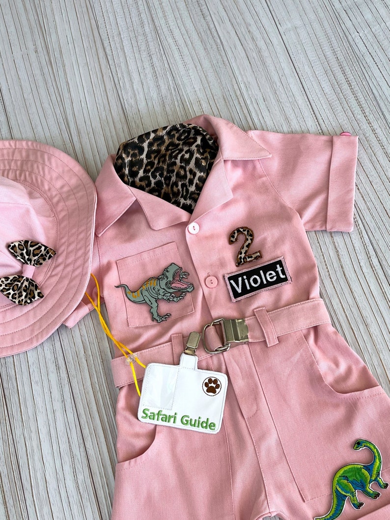 Personalized Safari Pink Dinosaur costume Toddler 1st Baby safari JumpsuitInfant Dino Safari Halloween Kids Costume Birthday girl gift image 1