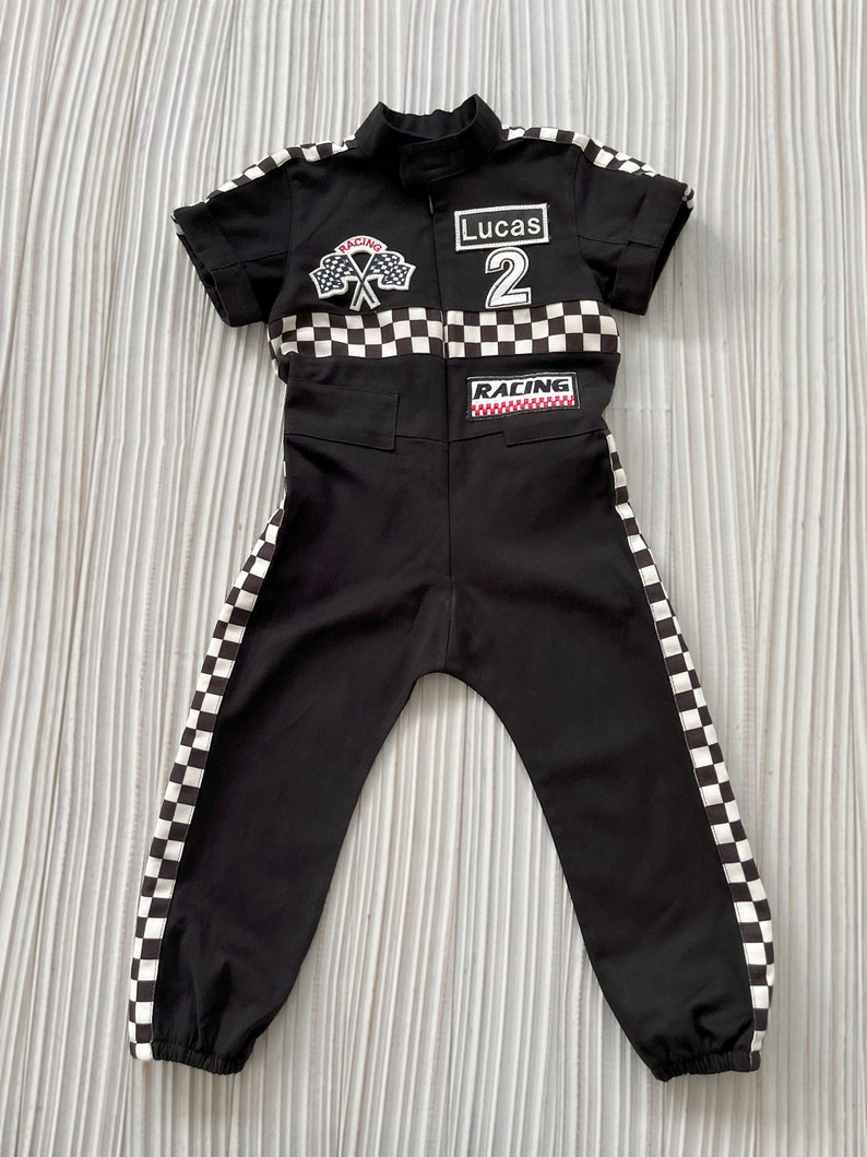 Personalized Black Racer Long/Short Sleeve Suit Toddler Black Two Fast Birtday OutfitFast One CostumeCar CostumeBaby Racer Jumpsuit image 4