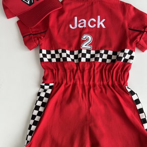 Gepersonaliseerde rode Racer lange jumpsuit Geruit rood Racer kinderpak Racer overall Autokostuum Peuter lange jumpsuit Halloween kinderkostuum afbeelding 4