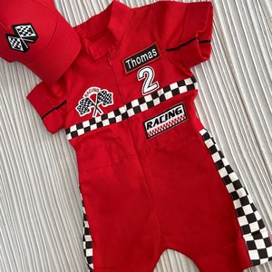 Personalized Red Racer Long/Short Jumpsuit Checkered Red Racer Kids Suit Racer Overalls CarCostume Toddler Short /Long Jumpsuit image 5