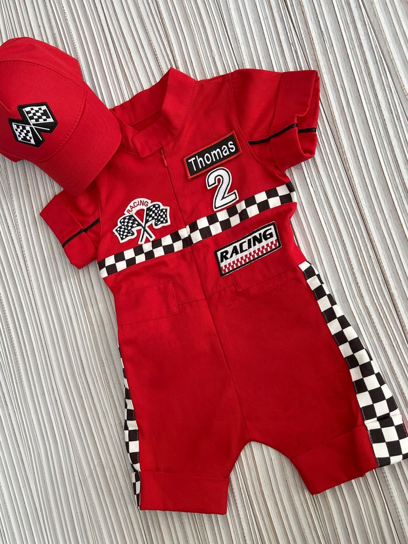 Personalized Red Racer Long/Short Jumpsuit Checkered Red Racer Kids Suit Racer Overalls CarCostume Toddler Short /Long Jumpsuit image 5