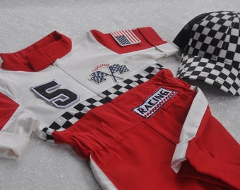 Personalized Red Short -Long Racer Jumpsuit *Checkered Racing short Suit * Racing Overalls * CarCostume *1st Birthday * Toddler Jumpsuit*