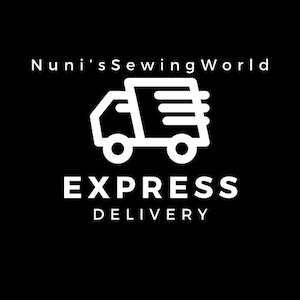 Puede incluir: Un logotipo blanco sobre un fondo negro con un icono de camión de reparto y el texto "Nuni's Sewing World EXPRESS DELIVERY".