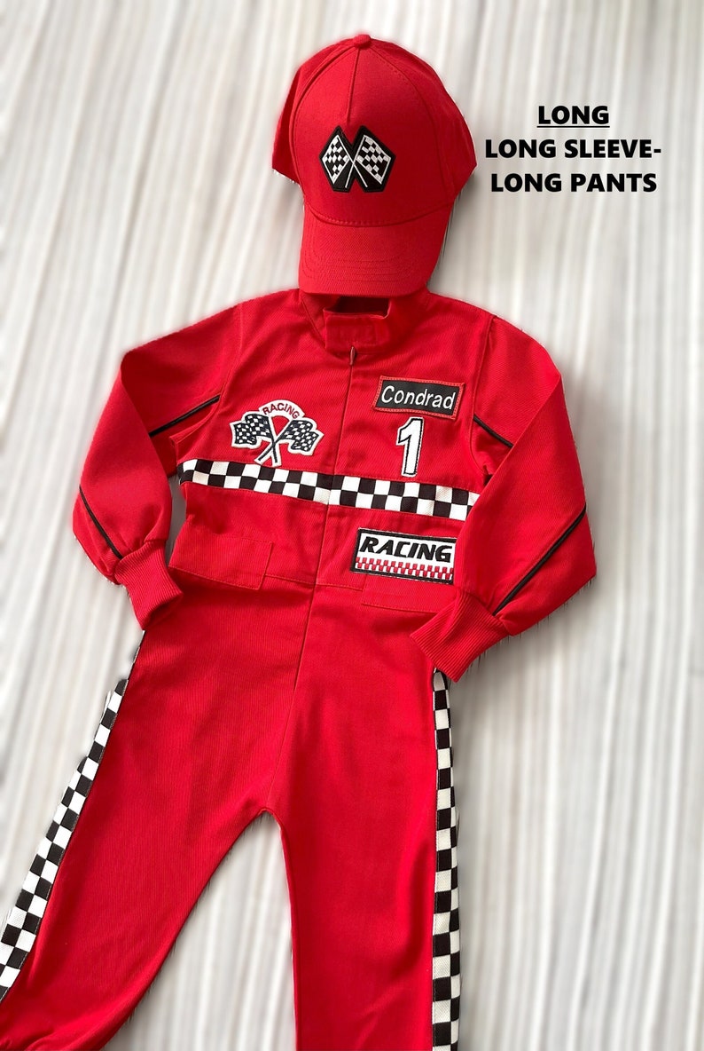 Gepersonaliseerde rode Racer lange jumpsuit Geruit rood Racer kinderpak Racer overall Autokostuum Peuter lange jumpsuit Halloween kinderkostuum afbeelding 6