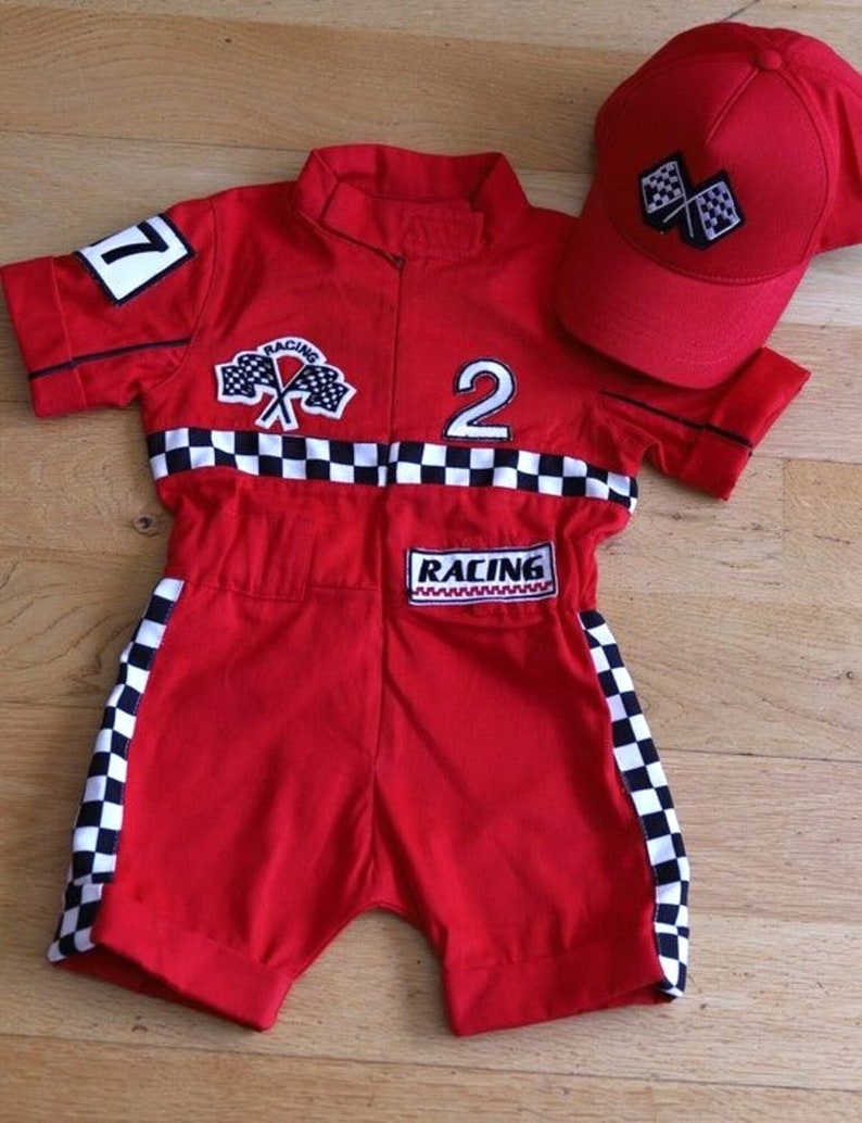 Gepersonaliseerde rode Racer lange jumpsuit Geruit rood Racer kinderpak Racer overall Autokostuum Peuter lange jumpsuit Halloween kinderkostuum afbeelding 1