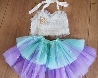 Costume blanc inspiré de la sirène pour tout-petits*Tenue de sirène pour bébé fille*Sirène Tutu Romper*Costume de fille à paillettes du 1er anniversaire* Tenue Cake Smash*