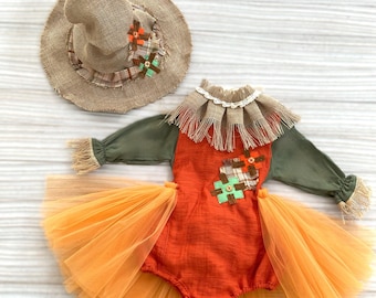 Personalized Wizard of Oz Inspired Scarecrow Boy-Girl Costume*Halloween Kids Scarecrow Green-Orange Outfit*1st Baby Wizard Halloween Costume