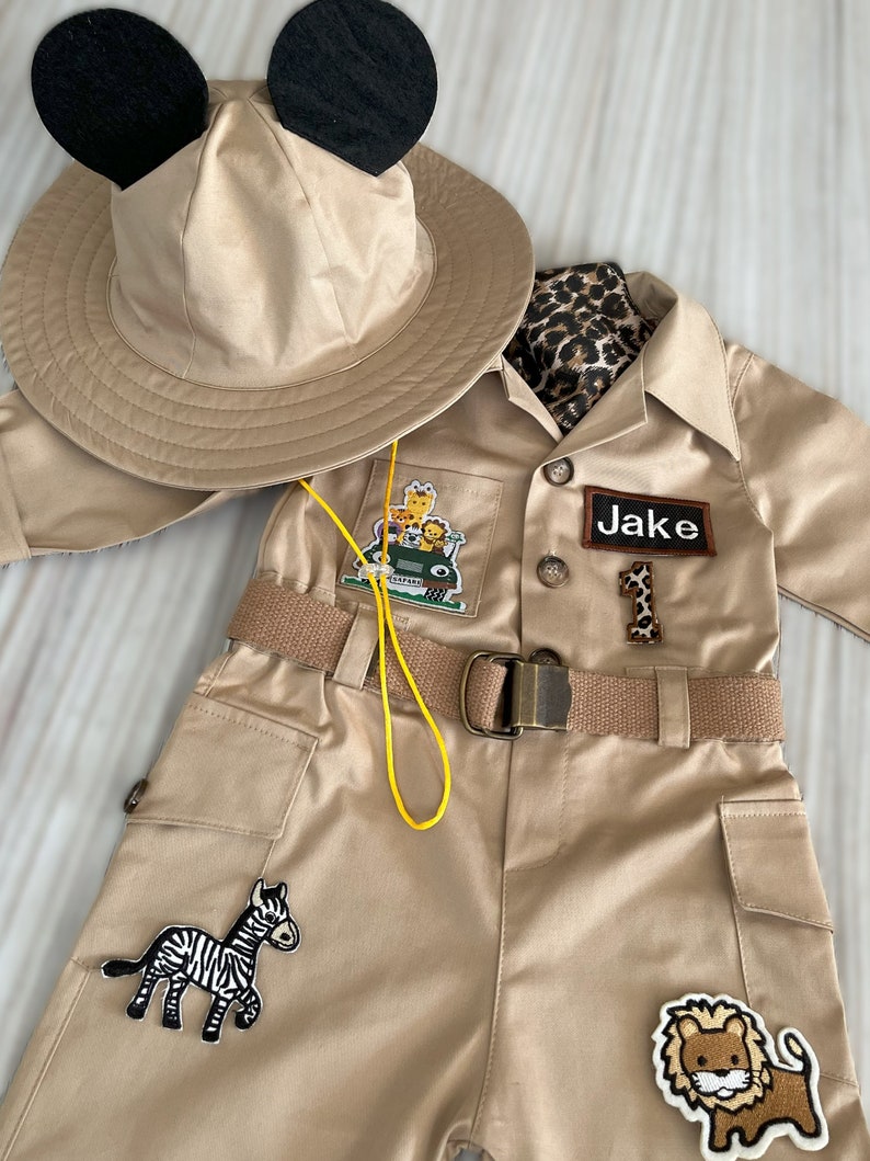 Personalized Mickey Mouse Inspired Long-Short Brown JumpsuitSafari Adventure Kids Costume Toddler Safari Birthday Outfit1st birthday gift zdjęcie 8