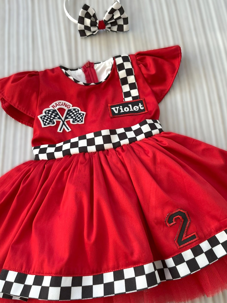 Personalized RED Racer Girl DressBaby Girl CAR DressToddler RED Racer 1st Birthday DressHalloween Kids CostumeBirthday gift image 2