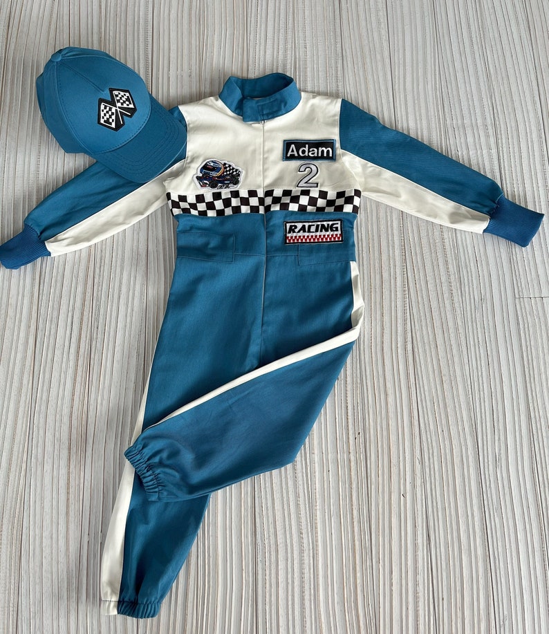 Gepersonaliseerde blauwe racer lang-korte jumpsuit/jumpsuit met korte mouwen Geruite race-jumpsuit Racing overall Autokostuum Peuter jumpsuit afbeelding 4