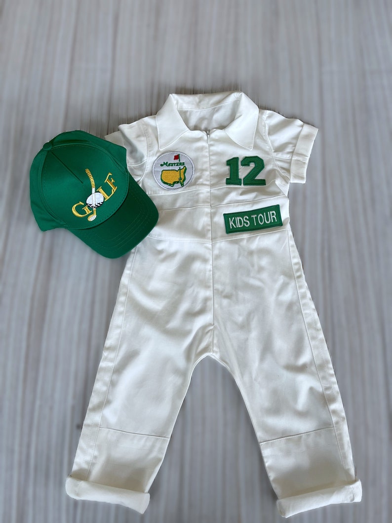 Personalized Golf Long-Short Caddy outfit for kidsToddler Golf White-Green SuitBaby Golf 1st Birthday UniformMachine Embroidered Costume image 8
