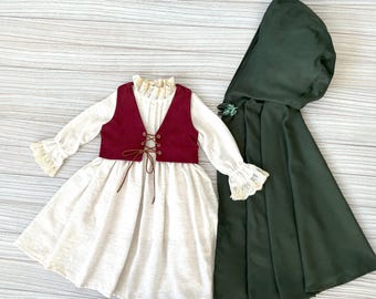 Personalized Toddler Medieval Woodland with Cloak-Hobbit Inspired Girl Dress-Baby Ring Bearer Outfit for Wedding-1st Birthday Medieval Dress