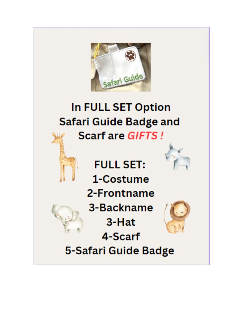 May include: A digital illustration of a safari guide costume set. The set includes a costume, front name, back name, hat, scarf, and a safari guide badge. The text reads "In FULL SET Option Safari Guide Badge and Scarf are GIFTS! FULL SET: 1-Costume 2-Frontname 3-Backname 3-Hat 4-Scarf 5-Safari Guide Badge"