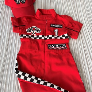 Personalized Red Racer Long/Short Jumpsuit Checkered Red Racer Kids Suit Racer Overalls CarCostume Toddler Short /Long Jumpsuit image 3