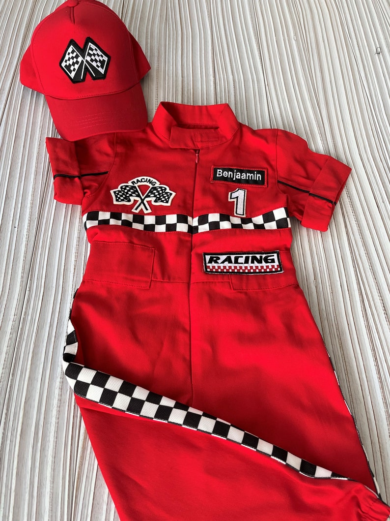 Personalized Red Racer Long/Short Jumpsuit Checkered Red Racer Kids Suit Racer Overalls CarCostume Toddler Short /Long Jumpsuit image 3