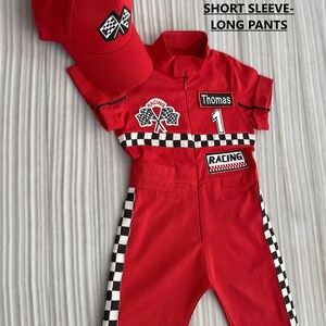 Personalized Red Racer Long/Short Jumpsuit Checkered Red Racer Kids Suit Racer Overalls CarCostume Toddler Short /Long Jumpsuit image 2