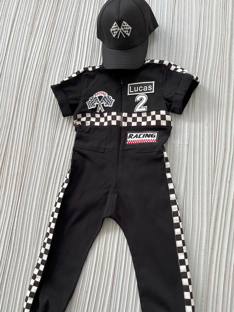 Personalized Black Racer Long/Short Sleeve Suit Toddler Black Two Fast Birtday OutfitFast One CostumeCar CostumeBaby Racer Jumpsuit image 3