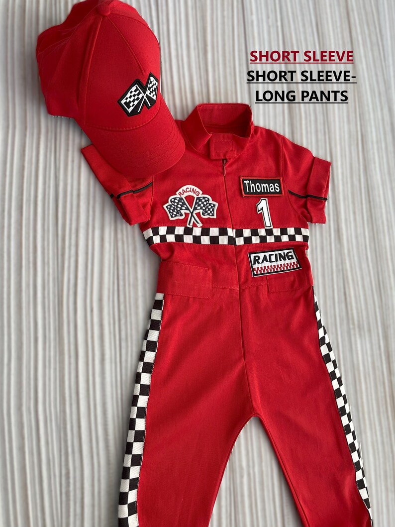 Gepersonaliseerde rode Racer lange jumpsuit Geruit rood Racer kinderpak Racer overall Autokostuum Peuter lange jumpsuit Halloween kinderkostuum afbeelding 5