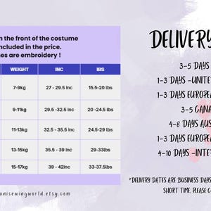 May include: A chart with size, height (cm and inches), and weight (kg and lbs) measurements for children's costumes, from 9 months to 4 years old. The chart includes the text "Patches on the front of the costume are included in the price. Names are embroidery!"