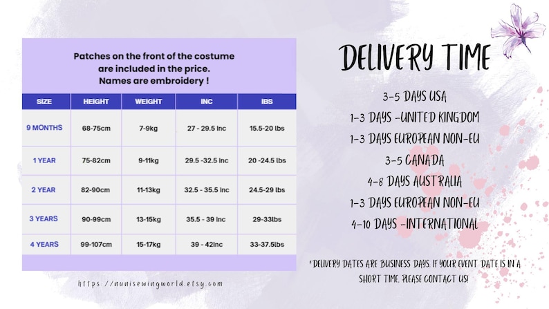 May include: A chart showing size, height, weight, and inches for children's costumes. The chart also includes delivery times for the United Kingdom, United States, European Non-EU, Canada, Australia, and International.