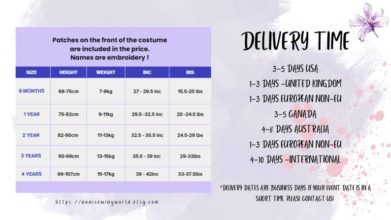 May include: A chart showing size, height, weight, and inches for children's costumes. The chart also includes delivery times for the United States, United Kingdom, European Non-EU, Canada, Australia, and International.