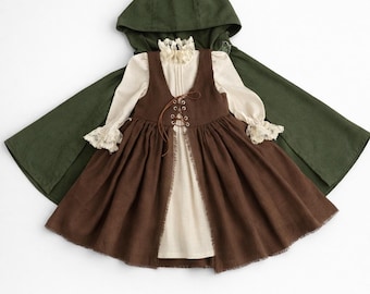 Personalized Toddler Brown Woodland with Cloak-Hobbit Inspired Girl Dress-Baby Ring Bearer Outfit for Wedding-1st Birthday Medieval Dress