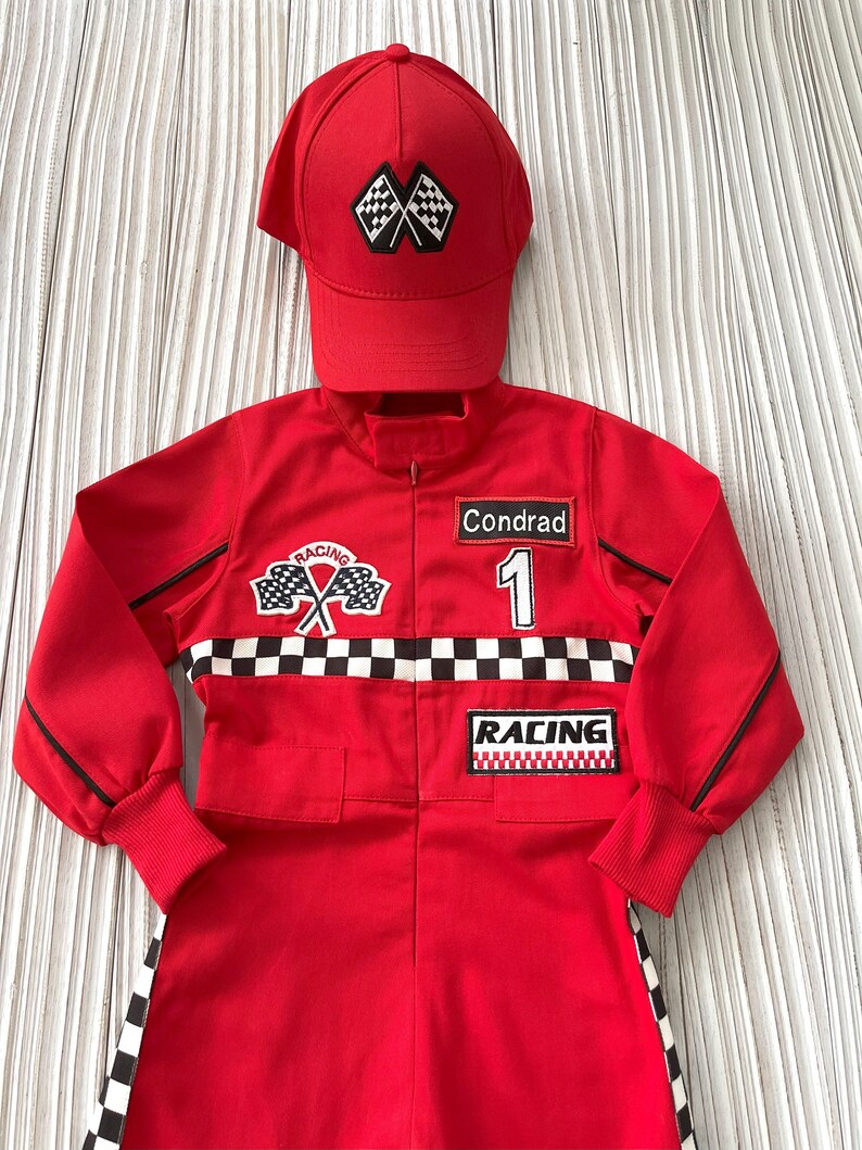 Gepersonaliseerde rode Racer lange jumpsuit Geruit rood Racer kinderpak Racer overall Autokostuum Peuter lange jumpsuit Halloween kinderkostuum afbeelding 9