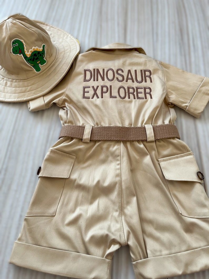 Personalized Dinosaur Explorer Adventure Long Short JumpsuitLong SafariDinosaur Adventure Overalls 1-2-3 Year Toddler Dinosaur Costume image 9