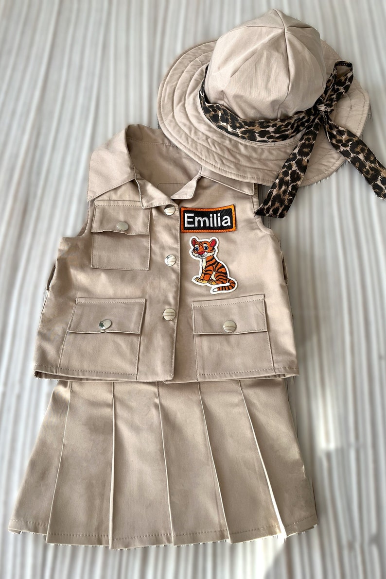 Personalized Toddler Safari Beige OutfitSafari Adventure Girl CostumeSafari Skirt and Vest 2 piece suit for girlKids Safari Beige Suit image 7