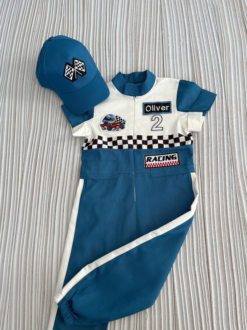 Gepersonaliseerde blauwe racer lang-korte jumpsuit/jumpsuit met korte mouwen Geruite race-jumpsuit Racing overall Autokostuum Peuter jumpsuit afbeelding 1