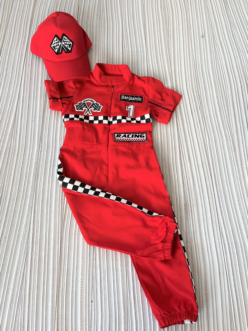 Personalized Red Racer Long/Short Jumpsuit Checkered Red Racer Kids Suit Racer Overalls CarCostume Toddler Short /Long Jumpsuit image 7