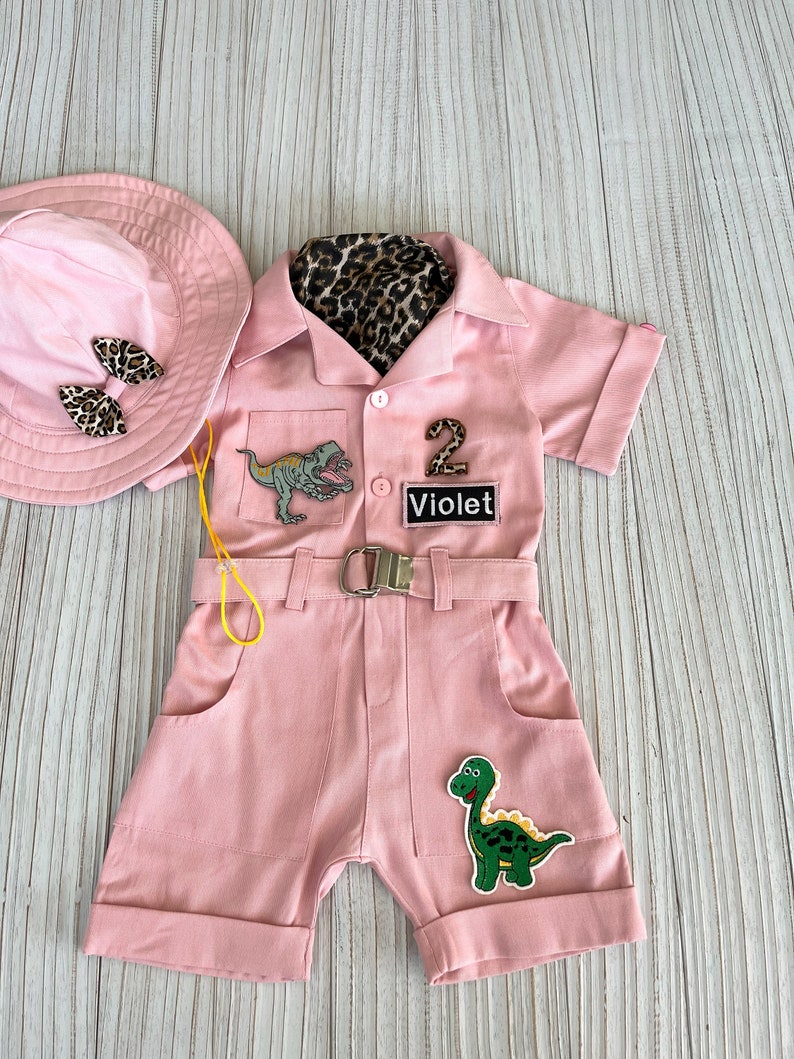 Personalized Safari Pink Dinosaur costume Toddler 1st Baby safari JumpsuitInfant Dino Safari Halloween Kids Costume Birthday girl gift image 5