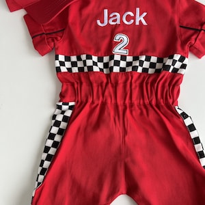 Personalized Red Racer Long/Short Jumpsuit Checkered Red Racer Kids Suit Racer Overalls CarCostume Toddler Short /Long Jumpsuit image 4