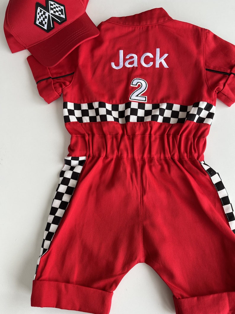 Personalized Red Racer Long/Short Jumpsuit Checkered Red Racer Kids Suit Racer Overalls CarCostume Toddler Short /Long Jumpsuit image 4