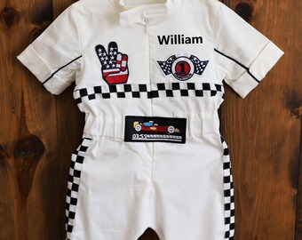 Personalized White Racer Short Jumpsuit *Short Sleeve Long Pant Checkered Racer Suit*White Car Racer Short Overalls*Toddler Racing Costume*