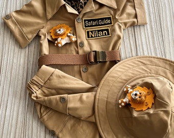 Traje personalizado para niños de safari marrón de aventura africana de 2 piezas con cinturón * Traje de explorador para niños pequeños * Traje de safari para niño/niña de 1-2-3 años