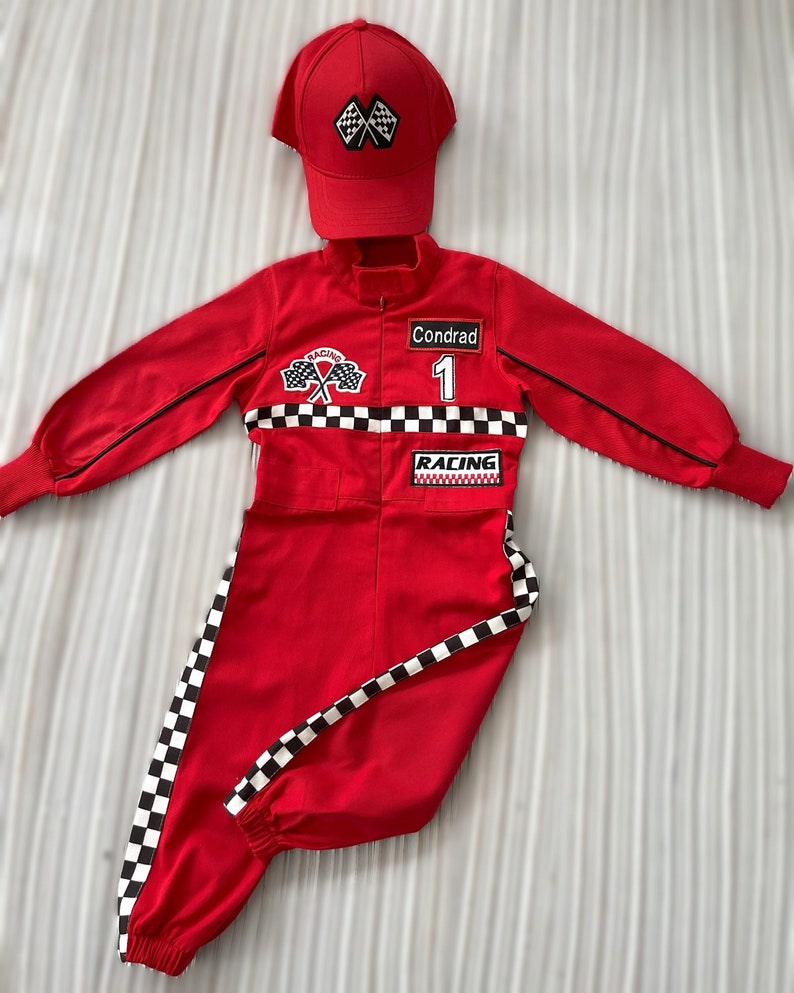 Gepersonaliseerde rode Racer lange jumpsuit Geruit rood Racer kinderpak Racer overall Autokostuum Peuter lange jumpsuit Halloween kinderkostuum afbeelding 7