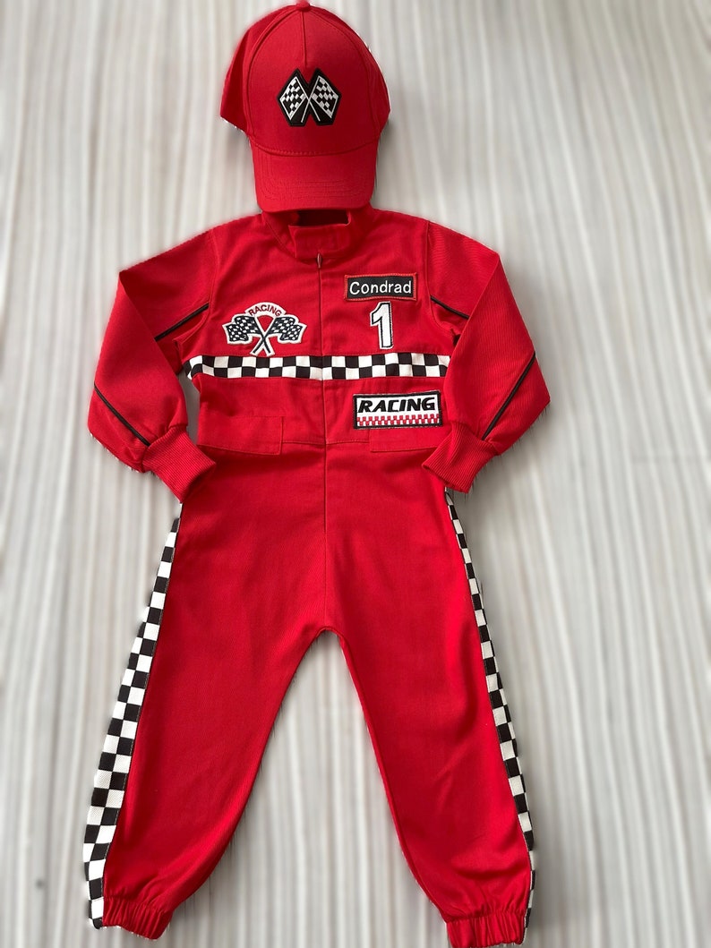 Gepersonaliseerde rode Racer lange jumpsuit Geruit rood Racer kinderpak Racer overall Autokostuum Peuter lange jumpsuit Halloween kinderkostuum afbeelding 8