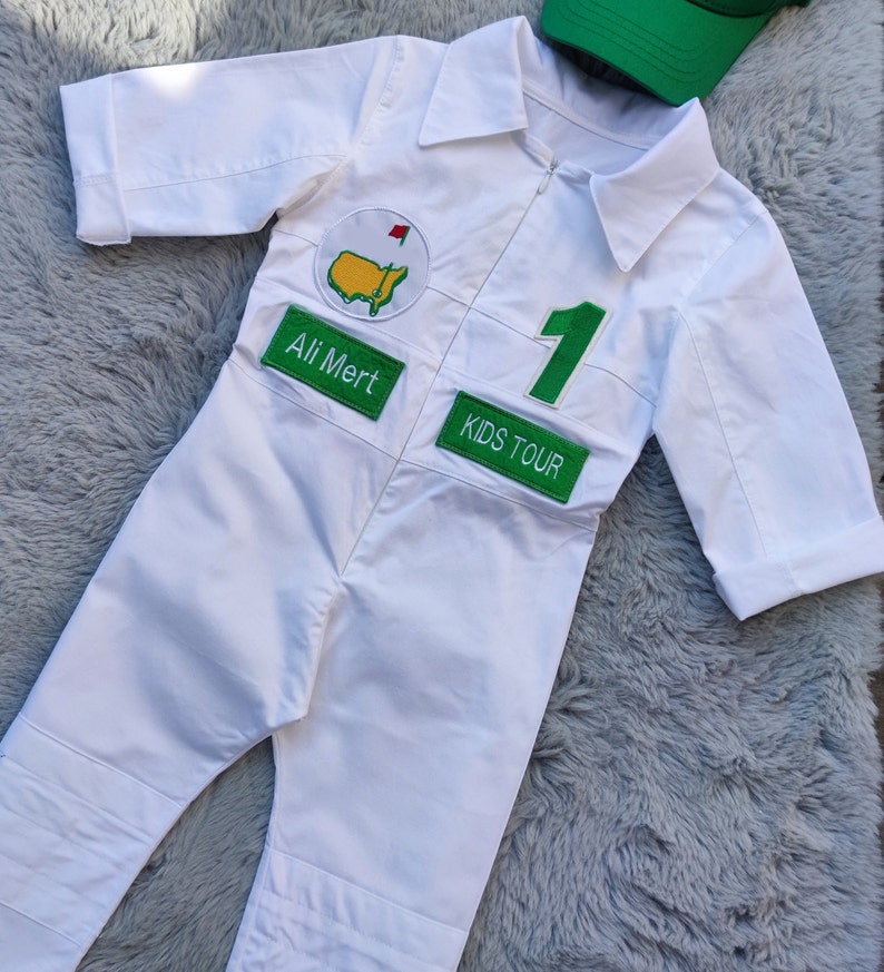 Personalized Golf Long-Short Caddy outfit for kidsToddler Golf White-Green SuitBaby Golf 1st Birthday UniformMachine Embroidered Costume image 4