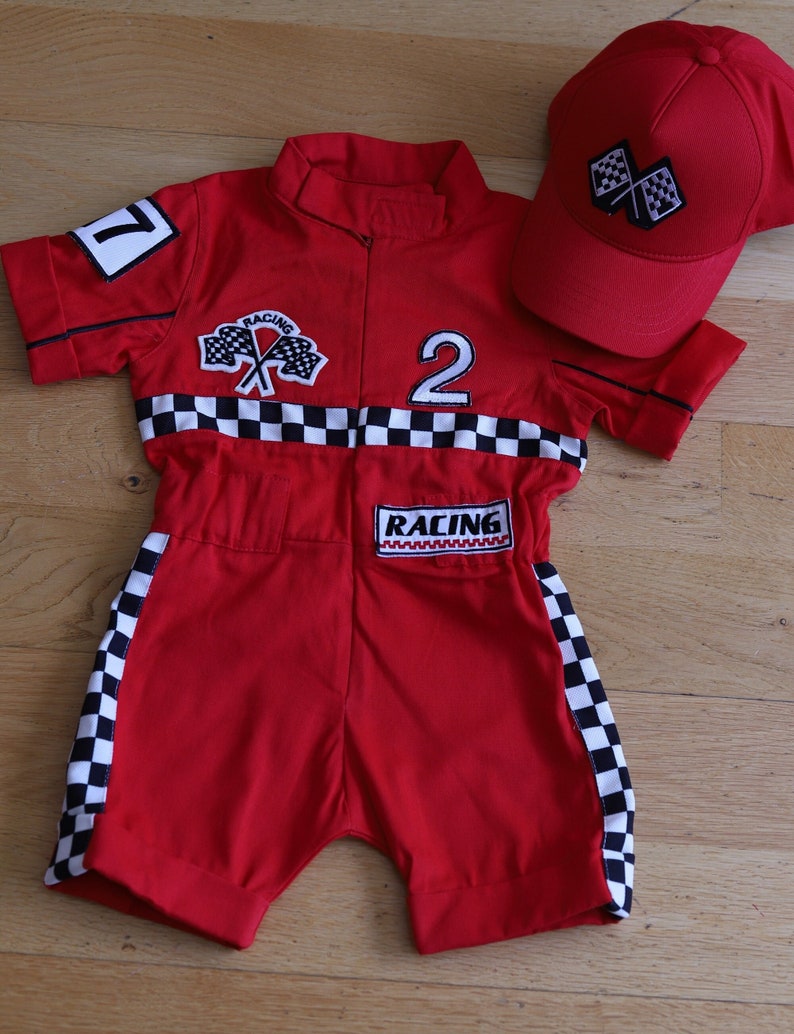 Personalized Red Racer Long/Short Jumpsuit Checkered Red Racer Kids Suit Racer Overalls CarCostume Toddler Short /Long Jumpsuit image 1