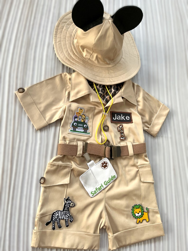 Personalized Mickey Mouse Inspired Long-Short Brown JumpsuitSafari Adventure Kids Costume Toddler Safari Birthday Outfit1st birthday gift zdjęcie 3