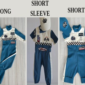 Gepersonaliseerde blauwe racer lang-korte jumpsuit/jumpsuit met korte mouwen Geruite race-jumpsuit Racing overall Autokostuum Peuter jumpsuit afbeelding 6