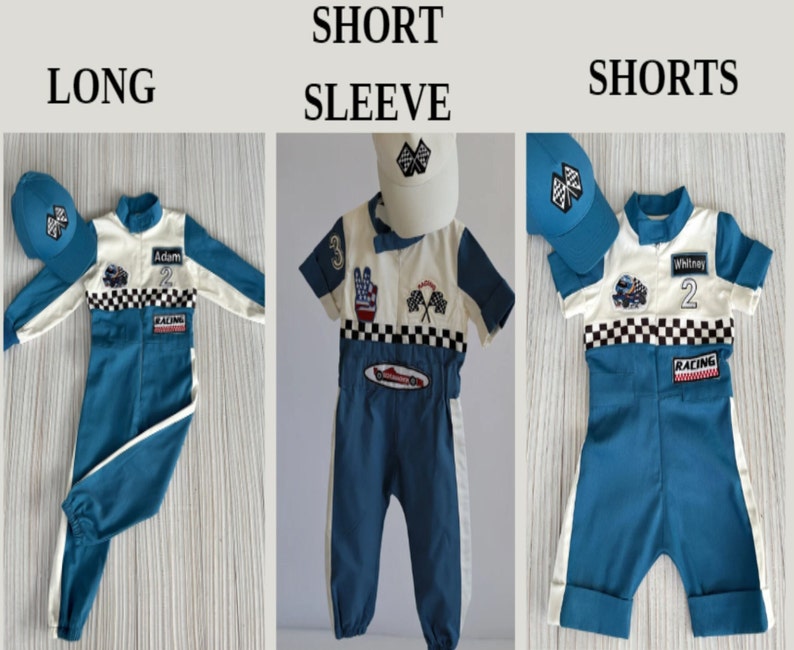 Gepersonaliseerde blauwe racer lang-korte jumpsuit/jumpsuit met korte mouwen Geruite race-jumpsuit Racing overall Autokostuum Peuter jumpsuit afbeelding 6